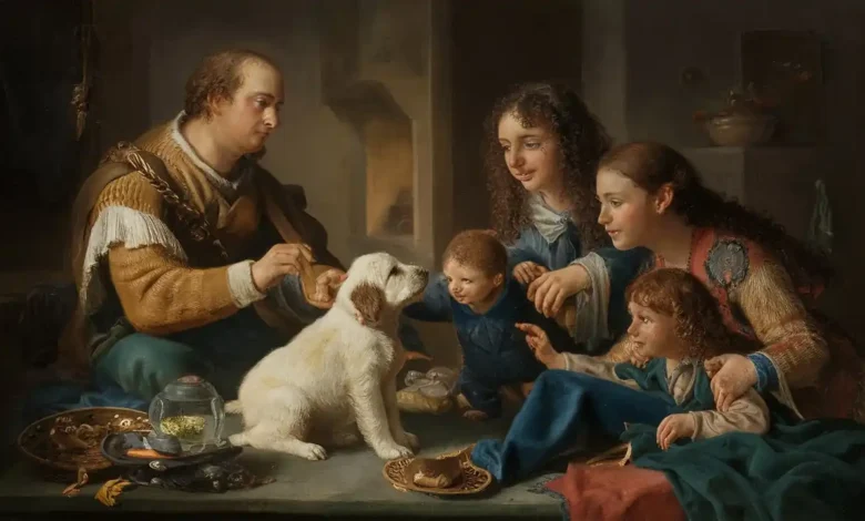 Family members dinning with their new puppy that shows a stronger bond